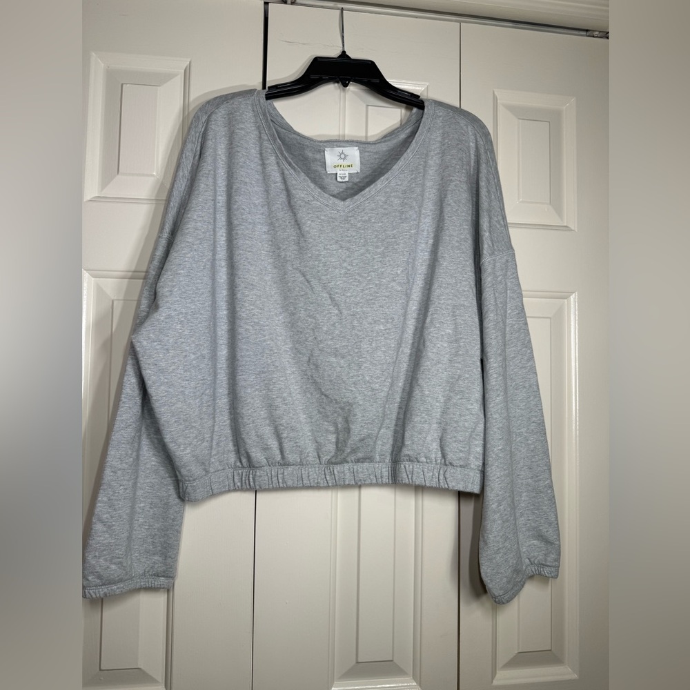 Offline By Aerie Gray Cropped V Neck Cinched Waist Pullover Sweatshirt